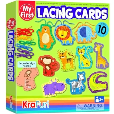 Image of KRAFUN Beginner Easy Safari and Animal Lacing Card Kit, 10 Preschool Project for Kids Arts &amp; Crafts, Instructions Included, Cards Toddlers, Fine Motor Skills Training Toys