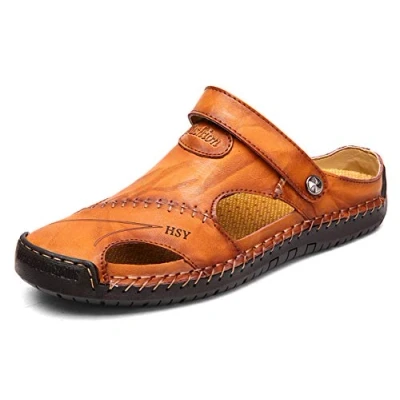 Image of Mens Leather Flip Flops Slip On Sandals Summer Holiday Beach Casual Fishermen Shoes Light Brown 8 UK