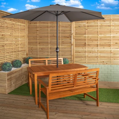 Image of Outdoor 4 Person Rectangular Wooden Garden Table, 2 Benches with Grey Havana Parasol &amp; Base