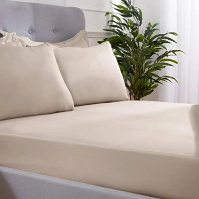 Image of Sleepdown Soft Plain Dye Fitted Sheet Thermal Warm Cosy Bedsheet Bed Linen Super King Natural, Polyester Microfibre