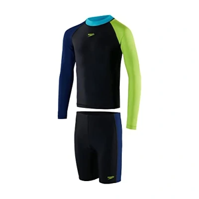 Image of Speedo Junior Boy&#039;s Colourblock Sun Protection Rash &amp; Jammer Set, Black/Northern/Atomic Lime/Pool, 11 12 Years