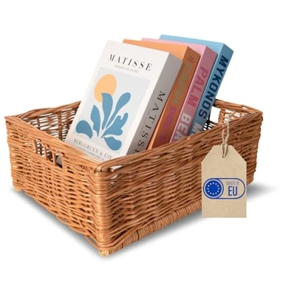 Image of Creative Home Wicker Basket Crate with Handles 40x30x15cm (+/ 2cm) Storage Box Natural Brown Woven Handmade Thick Willow Tool Dog Toy Clothes Kitchen Bathroom