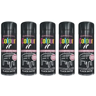 Image of HitlineUK 5 x SATIN BLACK PAINT AEROSOL COLOUR IT SPRAY CAN QUICK DRYING DIY PLASTIC METAL WOOD 250ML
