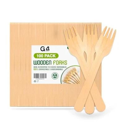 Image of G4GADGET 100x Wooden Forks Disposable Biodegradable Birch Wood Utensils for Parties, Picnics, Weddings, BBQs, and Events