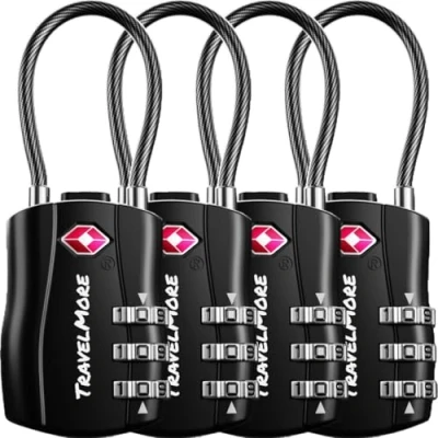 Image of 4 Pack TSA Approved Travel Combination Cable Luggage Locks for Suitcases &amp; Backpacks Black
