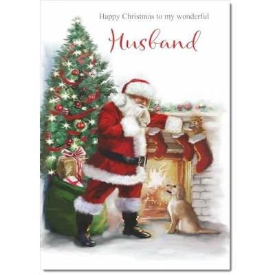 Image of doodlecards Husband Christmas Card Santa by Tree Large A4 Size for with Plain Envelope