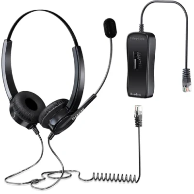 Image of PChero Landline Telephone Headset with Mic, RJ9 Binaural Hands free Noise Cancelling Headphones Corded for Home House Phones