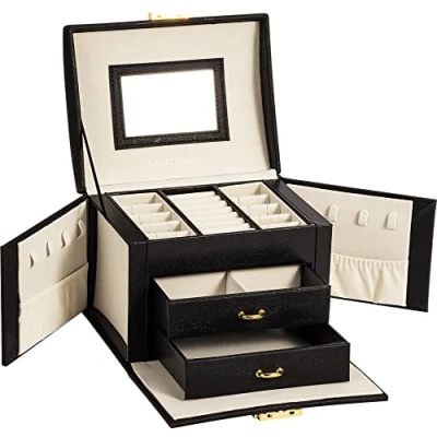 Image of ADEL DREAM Jewelry Box, With Lock, 3 Levels, 2 Drawers, Colors Mirror For Rings, Earrings, Necklaces And Bracelets Women, White2, 17.2X13.7X12Cm