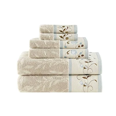 Image of Madison Park Serene 100% Cotton Bath Towel Set Luxurious Floral Embroidered Jacquard Design, Soft and Highly Absorbent for Shower, Multi Sizes, Blue