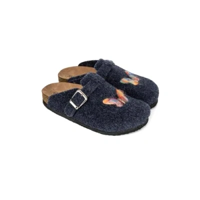 Image of Terlik Sabo Cork Sole ST1071 Felt Womens Clogs Mules Slippers Sabot Shoes, Navy Blue Butterfly, EU 40, UK 7