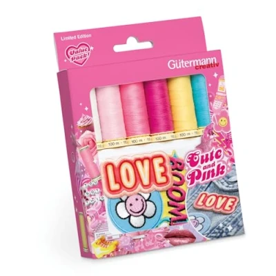 Image of Gütermann Creativ Polyester (6x100m) Cute and Pink Sew All Thread Set with 3 Iron On Patches 1