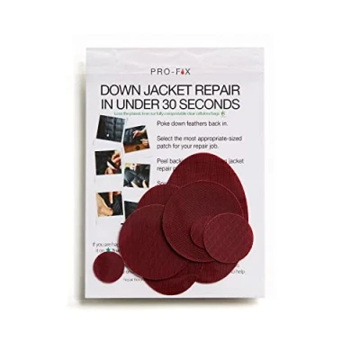 Image of PRO FIX: Easy to Use Down Jacket Repair Patch Kits Pre Cut, Self Adhesive, Waterproof, Tear Resistant Patches for Repairing Clothing, Sleeping Bags, Tents, Outdoor Gear Burgundy