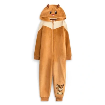 Image of Pokemon Eevee Girls Onesie Kids Character Graphic Print Hooded Sleepsuit with 3D Ears in Brown Childrens Pocket Monster Pajama Nightwear Classic TV Series Video Game Merchandise Gift