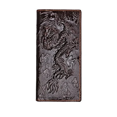 Image of Mens Brown Wallet with Credit Card Holder Dragon Pattern Long Style