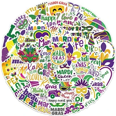 Image of 50 Pack Mardi Gras Stickers Water Bottles Laptop Car Hydroflasks Phone Guitar Skateboard Computer Carnival Shopping Vinyl Sticker Waterproof Aesthetic Trendy Decals for Teens Boys Girls Adults
