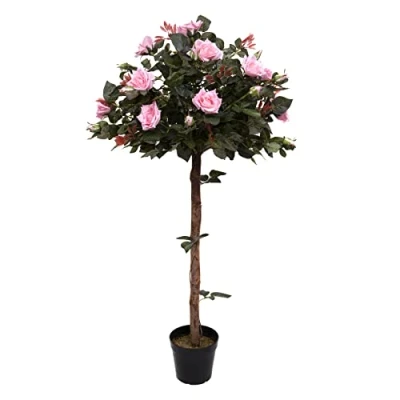 Image of GreenBrokers Artificial Pink Rose Tree 30 Flowers 120cm/4ft, Faux Silk