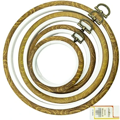 Image of SZCXDKJ 4 Sizes Imitated Wood Display Round Embroidery Hoop Set Plastic Circle Cross Stitch Rings for DIY Craft Sewing,Including 16pcs Gold Eye Sewing Needles