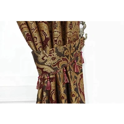 Image of Curtain Pair Tieback Heavy Jacquard Pencil Pleat Pelmet (Burgundy, Tiebacks)