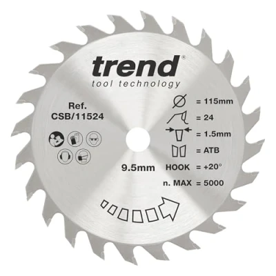 Image of Trend Wood Circular Saw Blade, 115mm Diameter, 9.5mm Bore, 24 Teeth, TCT, 1.5mm Kerf, +20 Hook, CSB/11524