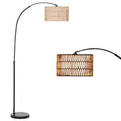 Image of HOMCOM Rattan Floor Lamp for Living Room, Farmhouse Arc Standing with Dual Layer Shade &amp; Foot Switch, Height Adjustable Minimalist Tall Pole Lampshade Bedroom, Office, Black