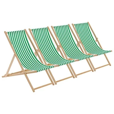 Image of Harbour Housewares Folding Wooden Deck Chairs Green Stripe Pack of 4 Adults Traditional Foldable Reclining Outdoor Canvas Sun Lounger Chair Seat for Garden Patio, Beach, Camping