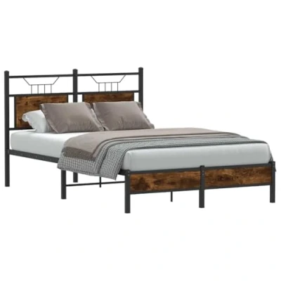 Image of vidaXL Smoked Oak Bed Frame Base Engineered Wood, for 120x190 cm Small Double Mattress, Modern Bedroom Furniture with Plywood Slats