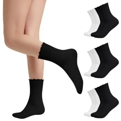 Image of 3 Pairs Ruffle Socks Women Casual Cute Ankle Breathable Knit Cotton Soft Frilly Crew for (UK, Alpha, One Size, Regular, 6 Black+White)