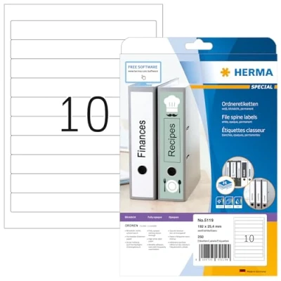 Image of HERMA Self Adhesive Spine Labels, 10 Labels per A4 Sheet, 25 Sheets, 192 x 25.4 mm, 250 Blank Lever Arch File Folder Stickers, Sticky for Laser &amp; Inkjet Printer, White