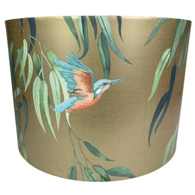 Image of Kingfisher Bird Lampshade Gold or Navy Blue Light Shade with Green Leaves for Ceiling Table Lamps in Bedroom, Living Room, Office Decor