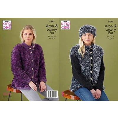 Image of King Cole Aran &amp; Luxury Fur Knitting Pattern Ladies Jackets Headband (5445)
