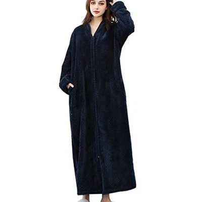 Image of DSNOW Ladies Zip Fleece Waffle Long Dressing Gown Fluffy Towelling Bathrobe Sleepwear , Blue Navy, M