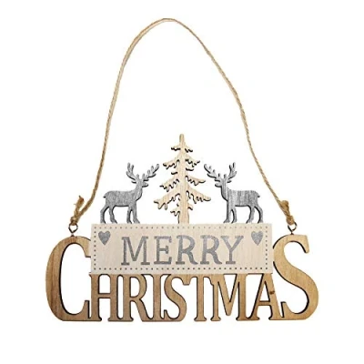 Image of Davies Merry Christmas Wooden Hanging Sign with Reindeer and Tree Silver