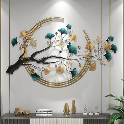 Image of Ainydie Large Handmade Wall Decor for Living Room, 3D Handcrafted Ginkgo Tree Leaf Metal Art Sculpture, Modern Home Dining Room Bedroom,110x68cm