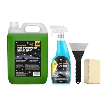 Image of AA Winter Car Kit High Performance Screenwash 5L, Fast Acting Deicer 750 ml, Ice Scraper x 1, Chamois Demister Pad 1 (Green)