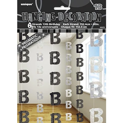 Image of Unique Party 55370 5ft Hanging Glitz Black 13th Birthday Decorations, Pack of 6
