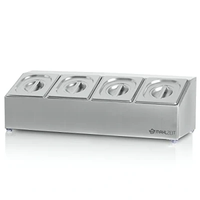 Image of Mahlzeit stainless steel ingredient containers 4 x 1/6 GN catering with rubber feet 8.5 24.5 21.5 Cocktail Pizza station Buffet accessories Salad bar