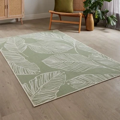 Image of Fusion Green Tropical Leaf Rug (180 x 120cm) Low Pile (Hypoallergenic) Machine Washable Non Slip in with Botanical Leaves for Living Room &amp; Bedroom Decor
