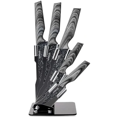 Image of Kitchen Knife Block Set Granite 5 Piece Knives with Clear Acrylic Wood Affect Handle Stainless Steel Blades by Nuovva
