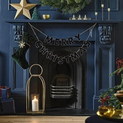 Image of Ginger Ray Navy Velvet Beaded Merry Christmas Bunting Streamer Garland Hanging Decoration