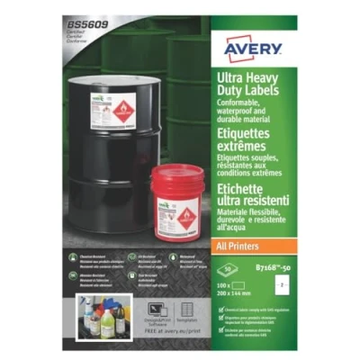 Image of Avery B7168 50 Extra Strong Adhesive, Ultra Heavy Duty Industrial Waterproof GHS Labels, 4 Labels Per A4 Sheet, White, 144 x 200 mm