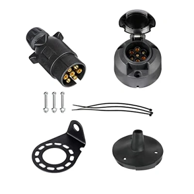 Image of BEIJISTAR 7 Pin Trailer Plug Socket Kit with Rubber Gasket and Metal Mounting Bracket, 12V Waterproof Connector, for Truck RV Cars Boat Caravan (Screw End)