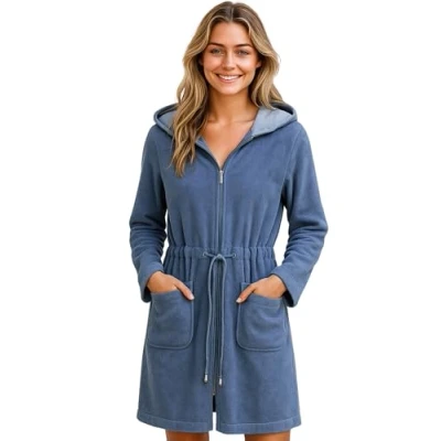 Image of Morgenstern Women&#039;s Bathrobe with Zip Hood Terry Towelling Lightweight Short, denim blue, S