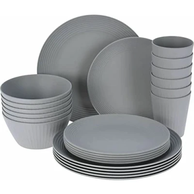 Image of 24pcs Grey Picnic Set Dinner Plate Tableware Outdoor Party Beach Camping Travel BBQ Lightweight Serving Bowls Cups Plates Dinnerware for 6 People