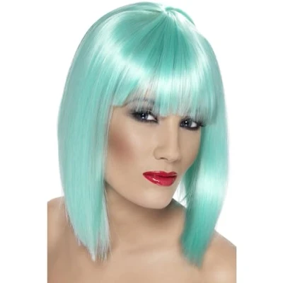 Image of Smiffys Glam Wig, Neon Aqua Short, Blunt with Fringe, Ladies Glamour Wigs Fancy Dress, Adult Dress Up