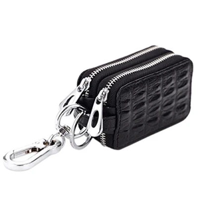 Image of Esdrem Unisex Handmade Genuine Leather Zipper Key Chain Case Pouch Car Holder Bag (Black)