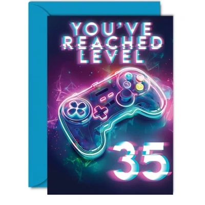 Image of 35th Gamer Birthday Cards for Men Women You&#039;ve Reached Level 35 Happy Card Brother Sister Uncle Auntie Friend, 5x7 Inch Thirty Five Fifth Bday Video Game Greeting