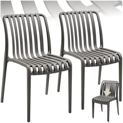 Image of TecTake® Set of 2 Garden Chairs in Light, Airy Design, Outdoor Weather Resistant Plastic with Slatted, Curved Seat, Stackable Chair for Backyard, Patio, Balcony Anthracite