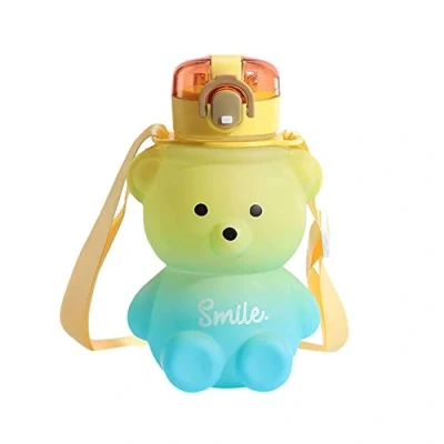 Image of Labstandard Kawaii Bear Water Bottle with Straw, 800ml Leak Proof Shaped Belt Cute Gradient Colorful Drinking For Girls School Office Travel (Green purple)