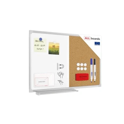 Image of ALLboards Combination Board 2 in 1 Whiteboard &amp; Cork with Aluminium Frame 60x40cm, Pin Magnetic