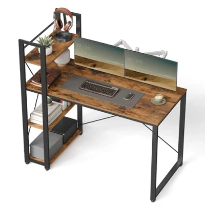 Image of VASAGLE Computer Desk, Writing Desk with Storage Shelves on Left or Right, 120 cm Wide Home Office for Study, Easy Assembly, Industrial Style, Rustic Brown and Black LWD48X